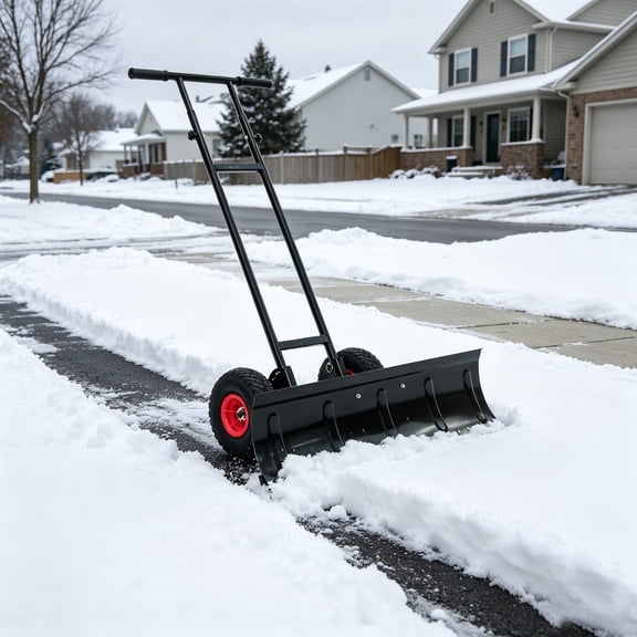 Wheeled Snow Plow Shovel, 36 Inch Oversized Snow Blade, 3‑Step Handle Height, Anti‑Corrosion Powder Coated Rolling Snow Pusher for Home Driveway Winter Snow Clearing