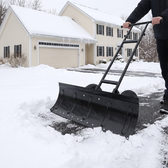 Wheeled Snow Pusher, 36 Inch Extra‑Wide Blade, 3‑Level Height Adjustment, Left‑Right Rotation, Rust‑Resistant Powder‑Coated Heavy‑Duty Rolling Snow Shovel for Driveway Sidewalk Yard Snow Removal