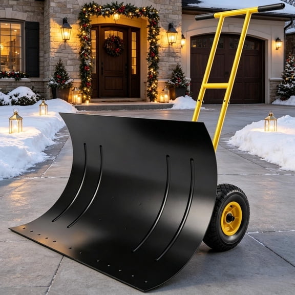Wheeled Snow Pusher, Yellow 29 Inch, 7-Angle Blade with Wear Strip for Driveway Use