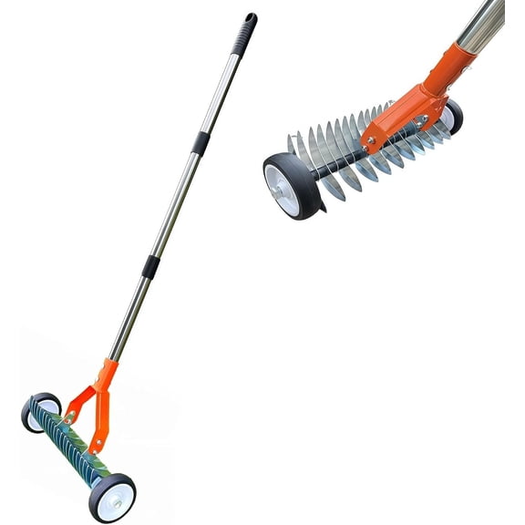Wheeled Thatch Rake, 15.28 Inch Steel Dethatching Attachment, Heavy Duty Metal Garden Tool for Lawn Thatching & Soil Loosening, Orange