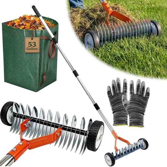 Wheeled Thatch Rake for Lawns - 15" Dethatcher Rake with 35"-67" Adjustable Stainless Steel Handle,Heavy-Duty Thatching Garden Rake for Cleaning Dead Grass, Soil Loosening,Yard Garden Care