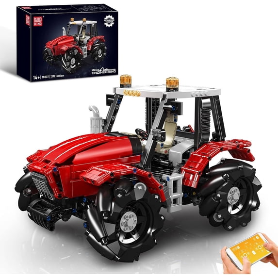 Wheeled Tractor Building Block Kits, 360° Fully Movable Red Farm Tractor with Remote Control, Collections Enthusiasts (1392+ PCS)