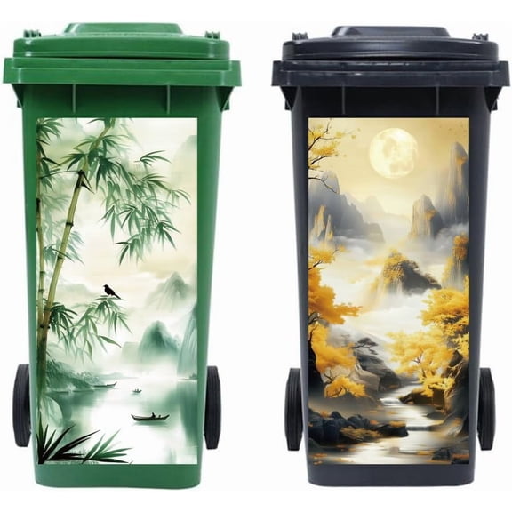 Wheelie Bin Stickers 2 Sheets Chinese Style Pattern Sticky Dustbin Stickers Decals 15in x 32in Waterproof Large Wraps for DIY