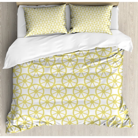 Wheels Duvet Cover Set, Bicycle Bike Wheels Abstract Circles in Diagonal Order Modern Image Print, Decorative 3 Piece Bedding Set with 2 Pillow Shams, Queen Size, Yellow and White, by Ambesonne