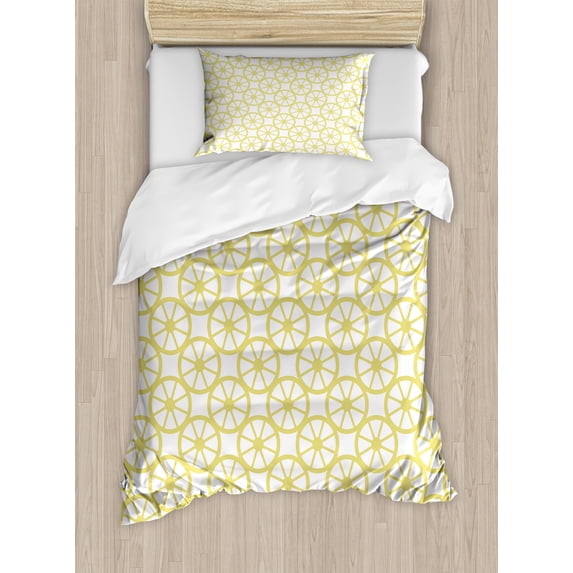 Wheels Duvet Cover Set, Bicycle Bike Wheels Abstract Circles in Diagonal Order Modern Image Print, Decorative 2 Piece Bedding Set with 1 Pillow Shams, Twin Size, Yellow and White, by Ambesonne