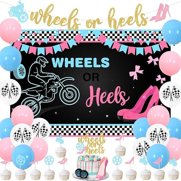 Wheels or Heels Gender Reveal Decorations, Wheels or Heels Gender Reveal Backdrop Balloons Banner Cake Toppers for Boy or Girl Pink and Blue Baby Shower Decorations