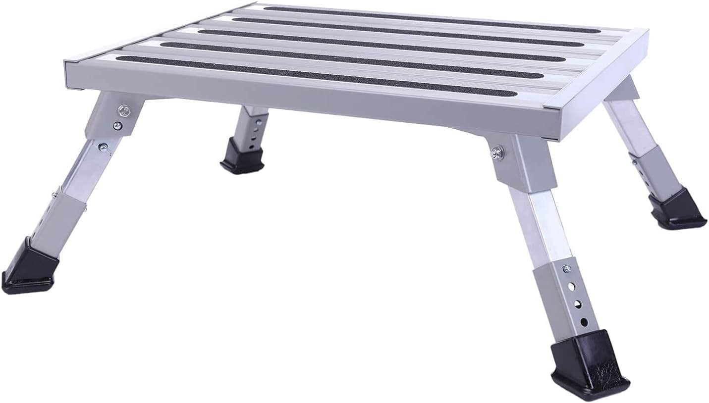Wheels Large RV Step Stool, Adjustable Height Aluminum Folding Platform ...
