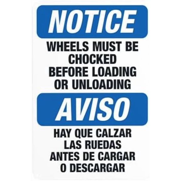 Wheels Must Be Chocked Before Loading Or Unloading Bilingual Warning Sign, Truck Metal Signs for Business Home Garage Street Wall Caution Custom Decor 8 x 12 Inch