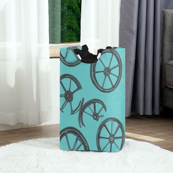 Wheels Pattern Foldable Laundry Hamper 12.6x11x22.7in with Handles for Bathroom Bedroom Storage