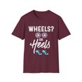 thumbnail image 1 of Wheels or Heels Gender Reveal Unisex Softstyle T-Shirt, 1 of 4