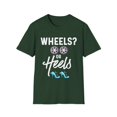 thumbnail image 1 of Wheels or Heels Gender Reveal Unisex Softstyle T-Shirt, 1 of 4