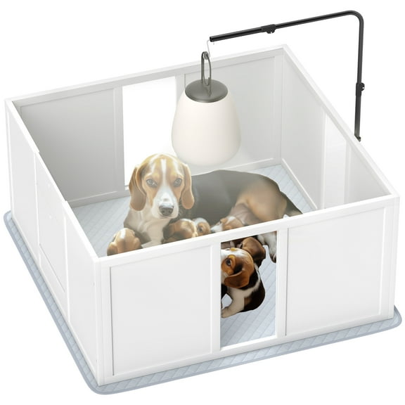 Whelping Box for Dogs, Newborn Puppy Supplies with Retractable Light Stand, Waterproof Pee Pad, Adjustable Height Door for Small and Medium Breed Dogs, 39" x 38"