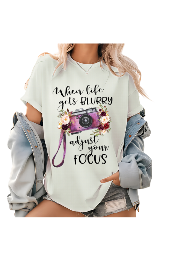 When Life Gets Blurry Graphic Tees Adjust Your Focus Camera Clipart Design Pattern Tops for Daily Outfits White,M