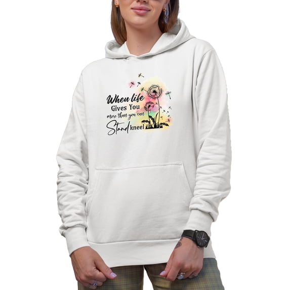 When Life Gives More Than You Can Stand, Kneel with Dandelions Watercolor Art Merch Gift, White Hooded Sweatshirt or Hoodie, 2XL