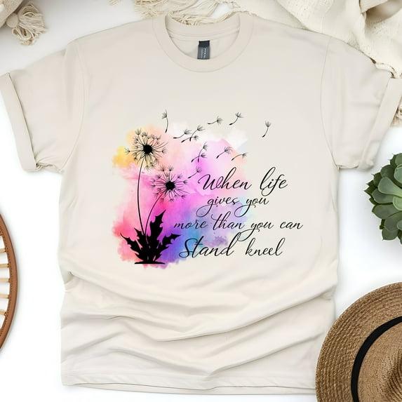 When Life Gives You More Than You Can Stand Kneel Inspirational Christian T-Shirt for Women, Natural, Size M