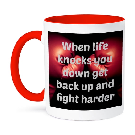 3dRose, When life knocks you down get back up and fight harder, boxing, 11oz Two-Tone Red Mug