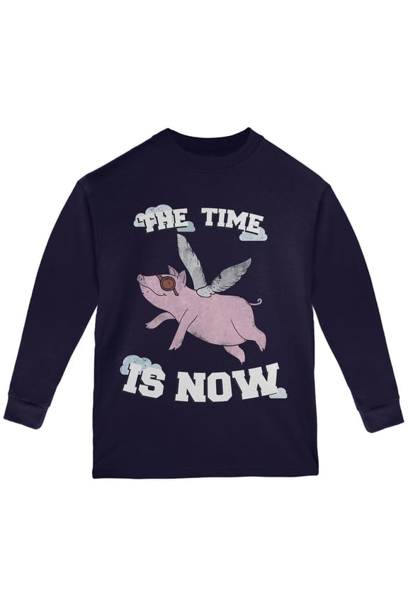 When Pigs Fly The Time Is Now Navy Youth Long Sleeve T-Shirt - Large(14/16)