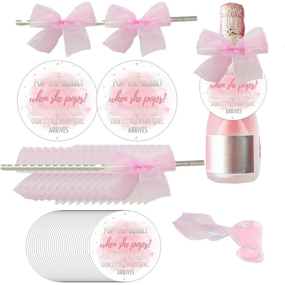 When SheHe Pops Champagne Baby Shower Bottle Tags - 50 Elegant Baby Shower Favor Tags with Delicate Tulle Bow and White String