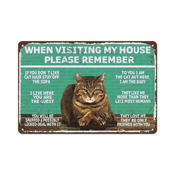 "When Visiting My House Please Remember The Cat Rules" Funny Tabby Cat Metal Sign, 8x12 Inch Vintage Distressed Wall Decor, Humorous Plaque for Cat Lovers' Entryway, Living Room and Farmhouse
