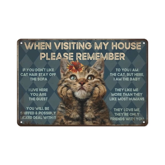 "When Visiting My House Please Remember Cat Rules" Vintage Cat Metal Sign, 8x12 Inch Funny Cat Lover Wall Decor, Distressed Blue Plaque with Tabby Cat Art for Home Entryway