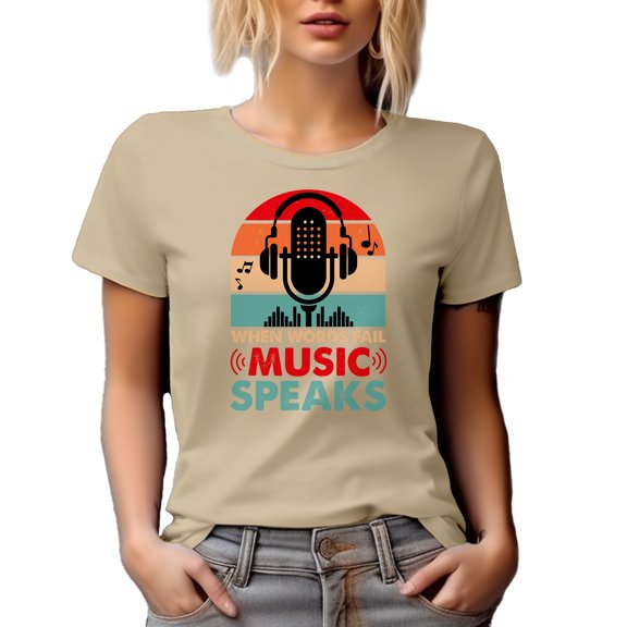 When Words Fail, Music Speaks, Musician Quote feat. a Mic & Headphone, Tan T-Shirt, 3XL
