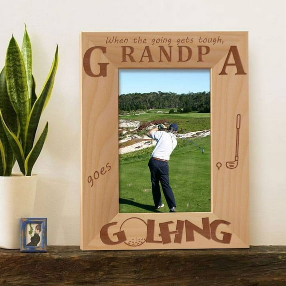 When the Going Gets Tough Grandpa Goes Golfing Personalized Wooden Picture Frame 4" x 6" Brown (Vertical)