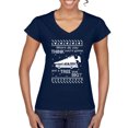thumbnail image 1 of Where Do You Think You're Gonna Tree That Big? Ugly Christmas Sweater Womens V-Neck Tee, Navy, Small, 1 of 3