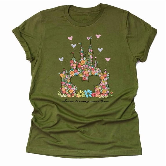 Where Dreams Come True Floral Castle Shirt, Magic Kingdom Shirt Unisex Casual Short Sleeve (Olive-Large)