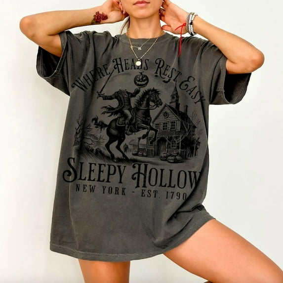 Where Heads Rest Easy T-Shirt – Vintage Sleepy Hollow Halloween Tee with Skeleton and Spooky Fall Vibes