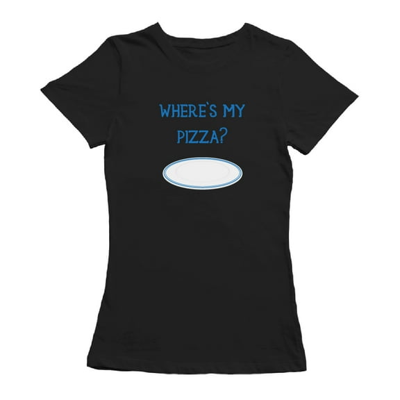 Where Is My Pizza Plate Graphic Women Black T-Shirt, Female Large