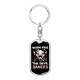 thumbnail image 1 of Where The Devil Dances Firefighter Stainless Steel or 18k Gold Premium Swivel Dog Tag Keychain, 1 of 10