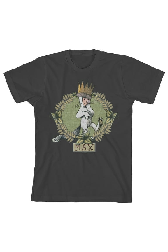 Where The Wild Things Are Max Leaves Background Youth Charcoal Crew Neck Short Sleeve T-shirt-XS