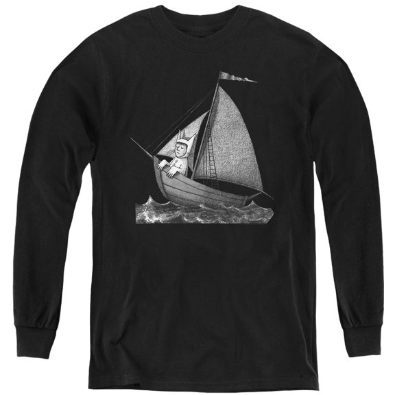Where The Wild Things Are Sailing On A Boat Kids Long Sleeve T Shirt (Large) for Youth Boys and Girls, Black