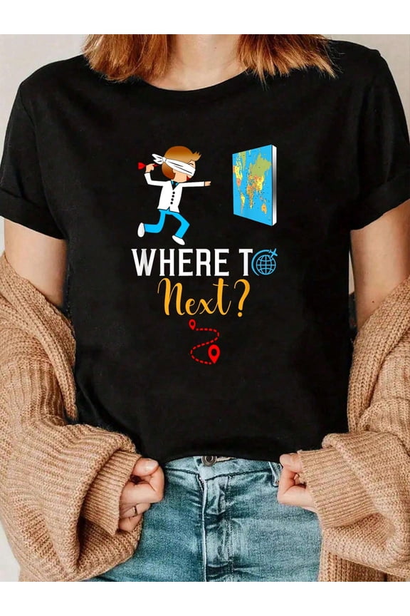 Where To Next Travel Graphic T-Shirt Adventure Wanderlust Map Unisex Short Sleeve Tee