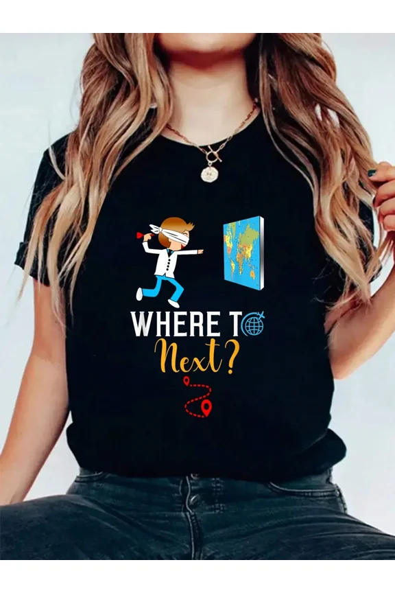 Where To Next Travel Graphic T-Shirt Adventure World Map Unisex Short Sleeve Tee
