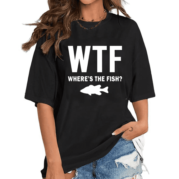Where's The Fish Lettering Print s Funny WTF & Fish Graphic s Short Sleeve Casual Tops Fisherman Gift Cotton Shirts for Daily Outfits Black,2XL