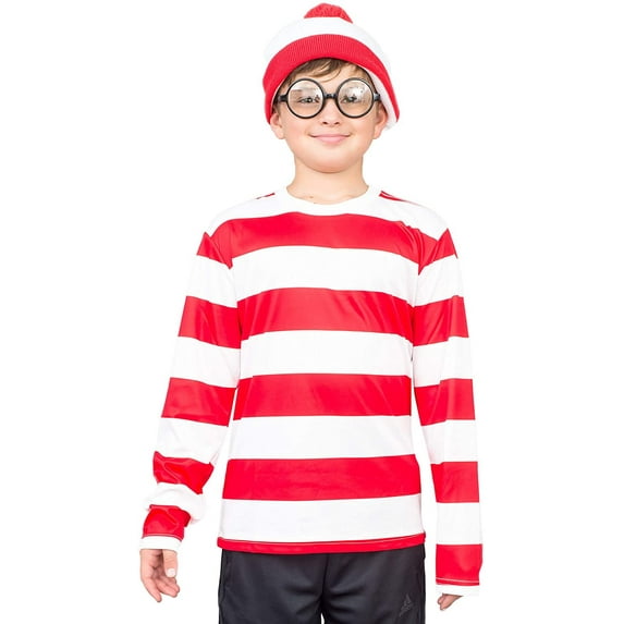 Where's Waldo Shirt Hat and Glasses Deluxe Halloween Costume Cosplay