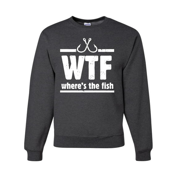 Where's the Fish WTF Parody | Mens Fishing Crewneck Graphic Sweatshirt, Heather Black, 2XL