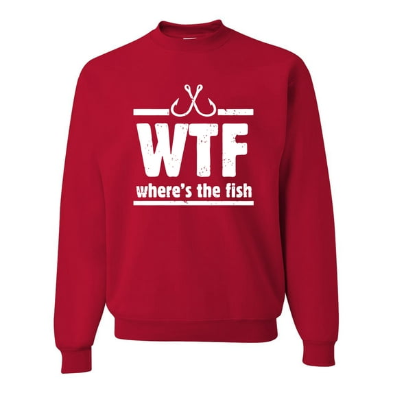 Where's the Fish WTF Parody | Mens Fishing Crewneck Graphic Sweatshirt, Red, X-Large