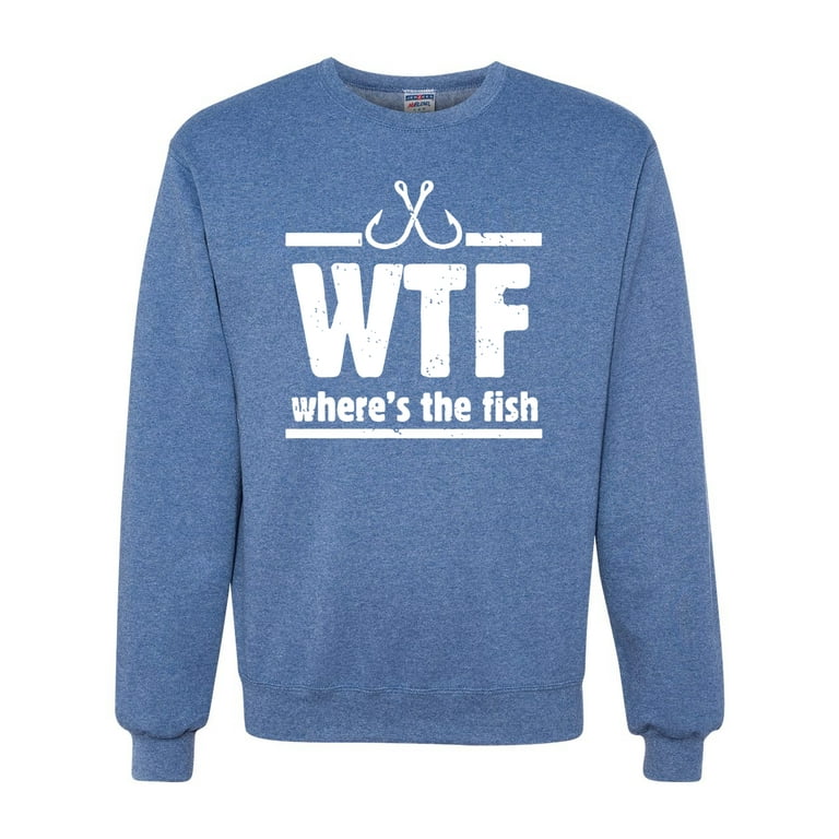 Where's the Fish WTF Parody  Mens Fishing Crewneck Graphic Sweatshirt,  Vintage Heather Blue, Large 