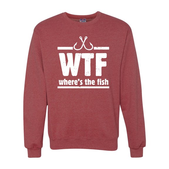 Where's the Fish WTF Parody | Mens Fishing Crewneck Graphic Sweatshirt, Vintage Heather Red, X-Large