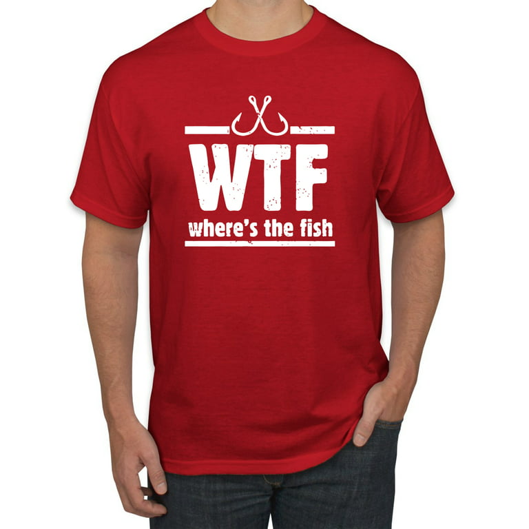 Where's the Fish WTF Parody  Mens Fishing Graphic T-Shirt, Red, X
