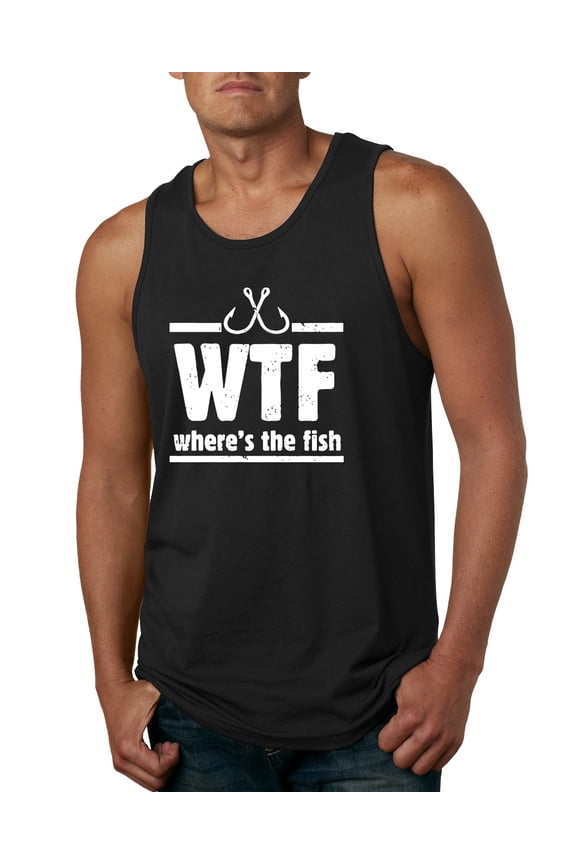 Where's the Fish WTF Parody | Mens Fishing Graphic Tank Top, Black, X-Large