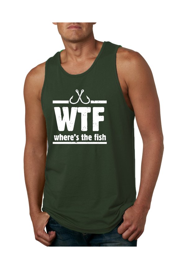 Where's the Fish WTF Parody | Mens Fishing Graphic Tank Top, Forest Green, Large