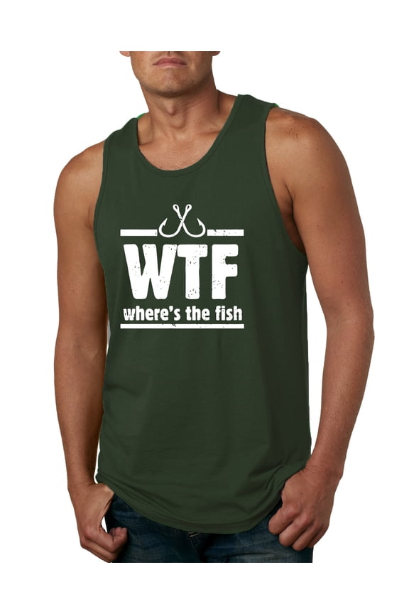 Where's the Fish WTF Parody | Mens Fishing Graphic Tank Top, Forest Green, Medium
