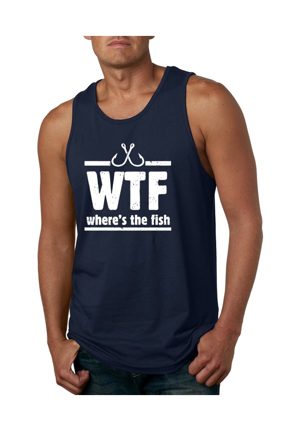 Where's the Fish WTF Parody | Mens Fishing Graphic Tank Top, Navy, Large