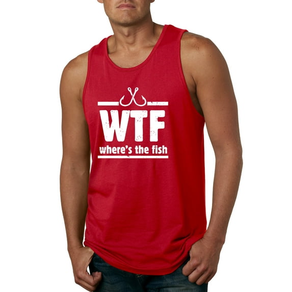 Where's the Fish WTF Parody | Mens Fishing Graphic Tank Top, Red, 3XL