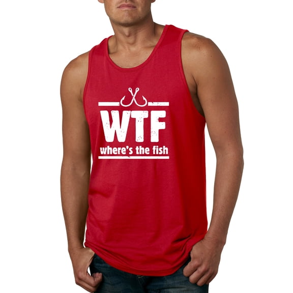 Where's the Fish WTF Parody | Mens Fishing Graphic Tank Top, Red, X-Large