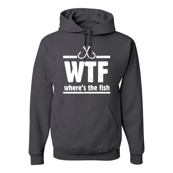 Where's the Fish WTF Parody | Mens Fishing Hooded Sweatshirt Graphic Hoodie, Charcoal, X-Large