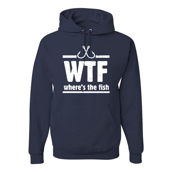 Where's the Fish WTF Parody | Mens Fishing Hooded Sweatshirt Graphic Hoodie, Navy, 2XL